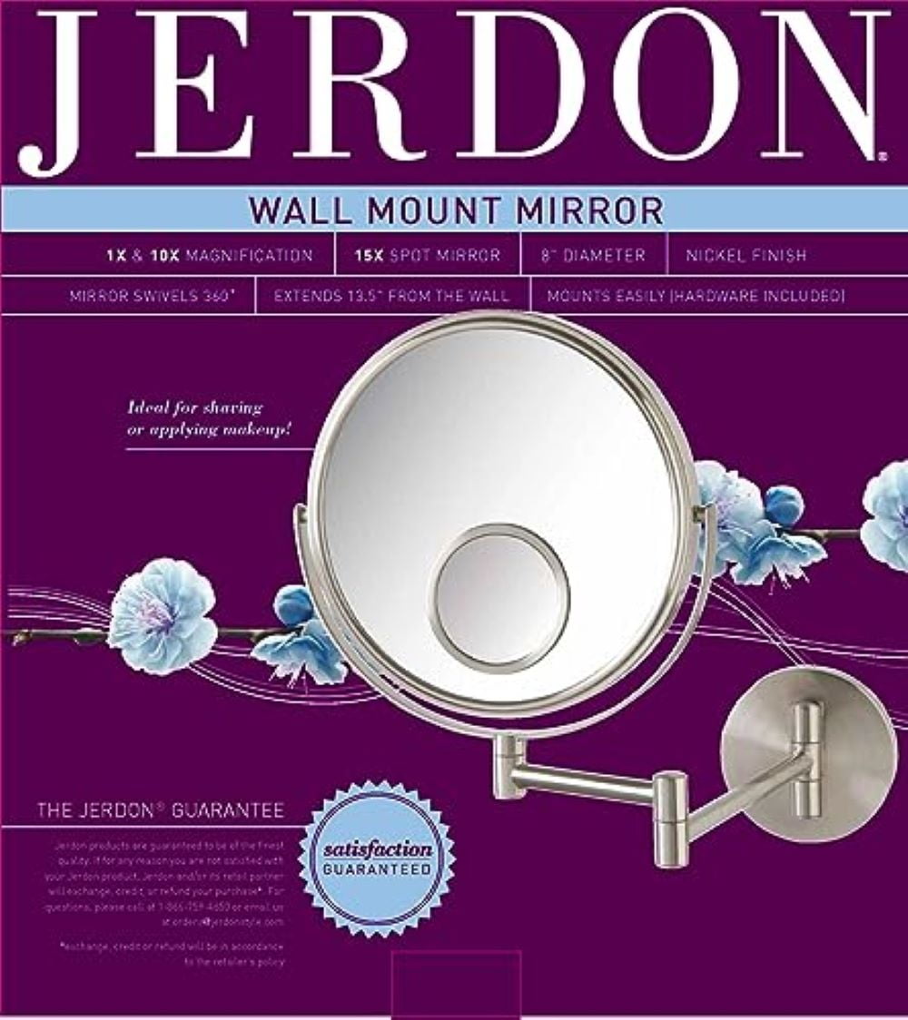Jerdon 10X/1X Wall-Mounted Makeup Mirror | 13.5-Inch Extension | Nickel Finish