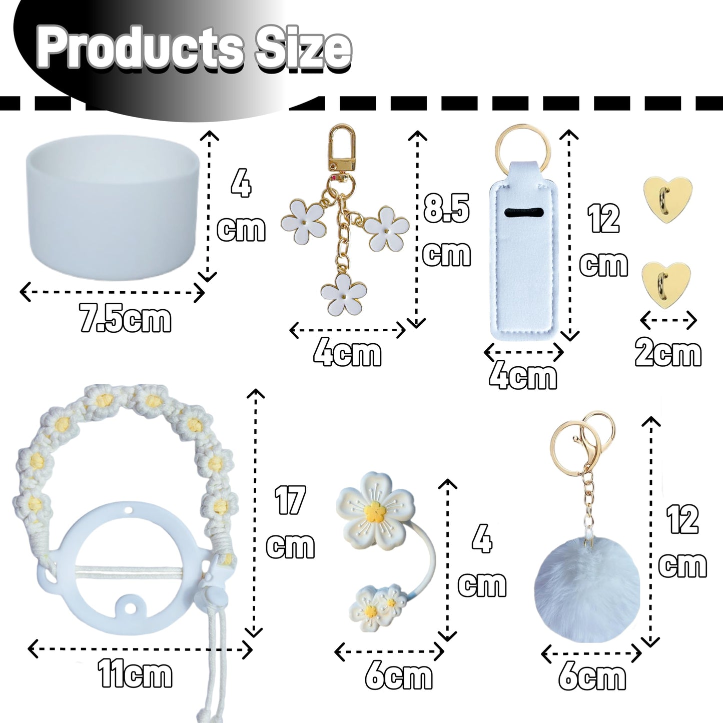 Klasikok Accessories for Stanley Cup,1 Handle Strap for Tumbler 40oz,1 Siliocne Water Bottle Boot,1 Straw Topper Cover,2 Charms Hooks,1 Lip Balm Holder Bag,1 Pompom Ball,1 Flower Charm(white)