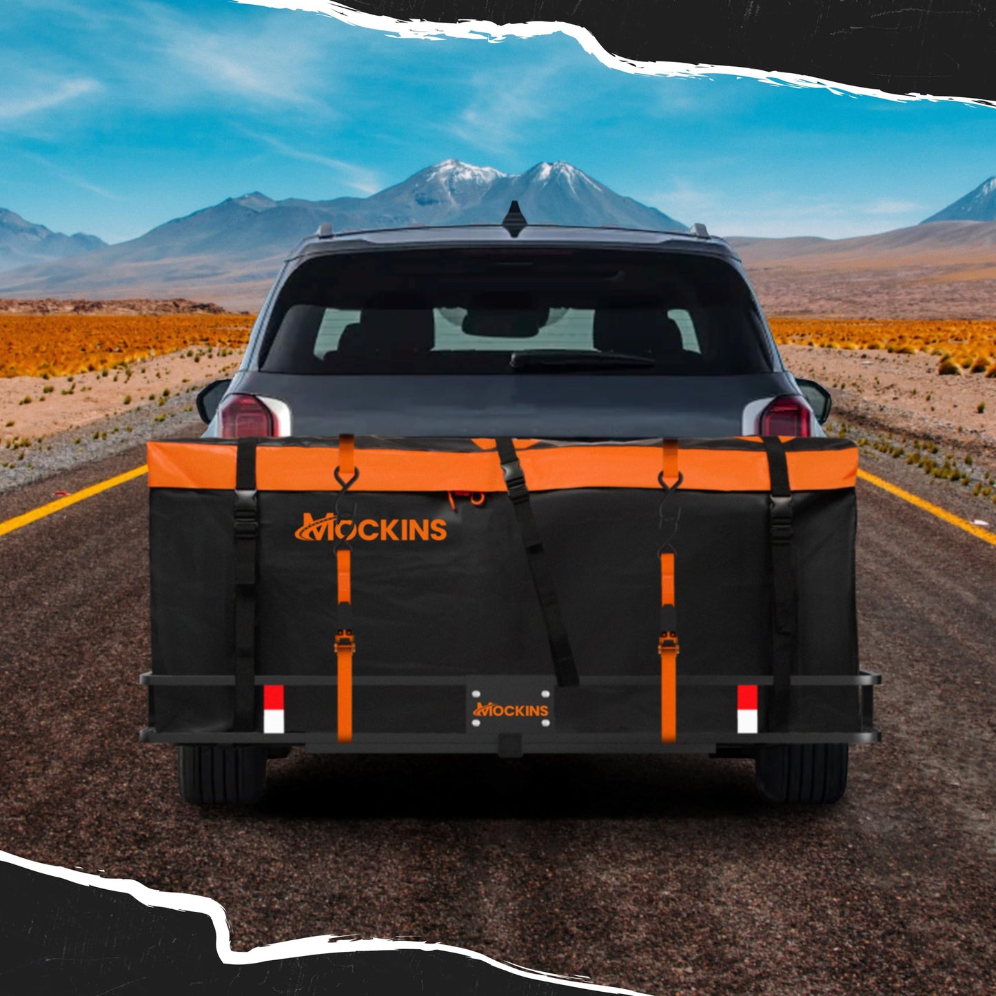 Mockins 16 Cu.Ft. Trailer Hitch Cargo Carrier Bag | 58"x20"x24" All-Weather Waterproof Cargo Bag for Hitch Carrier | Abrasion-Resistant Vinyl Truck Bed Storage Set w/Straps, Combo Lock, & Carry Case