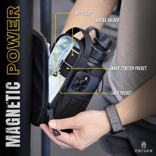 ENIVAN Magnetic Gym Bag for Men and Women – Water Bottle Holder, Magnetic Attachment, Phone & Key Pocket, Crossbody Pouch – Compact Workout Bag for Travel, Sports, Work, Fitness