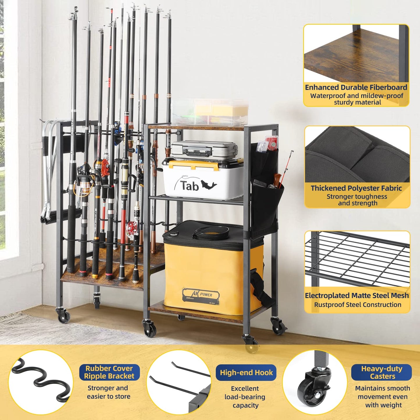 Olakee Fishing Rod Holders for Garage - Fishing Pole Holders up to 12 Rods, Fishing Gear Equipment Organizers Rod Tackle Cart for Home Entryway Corner