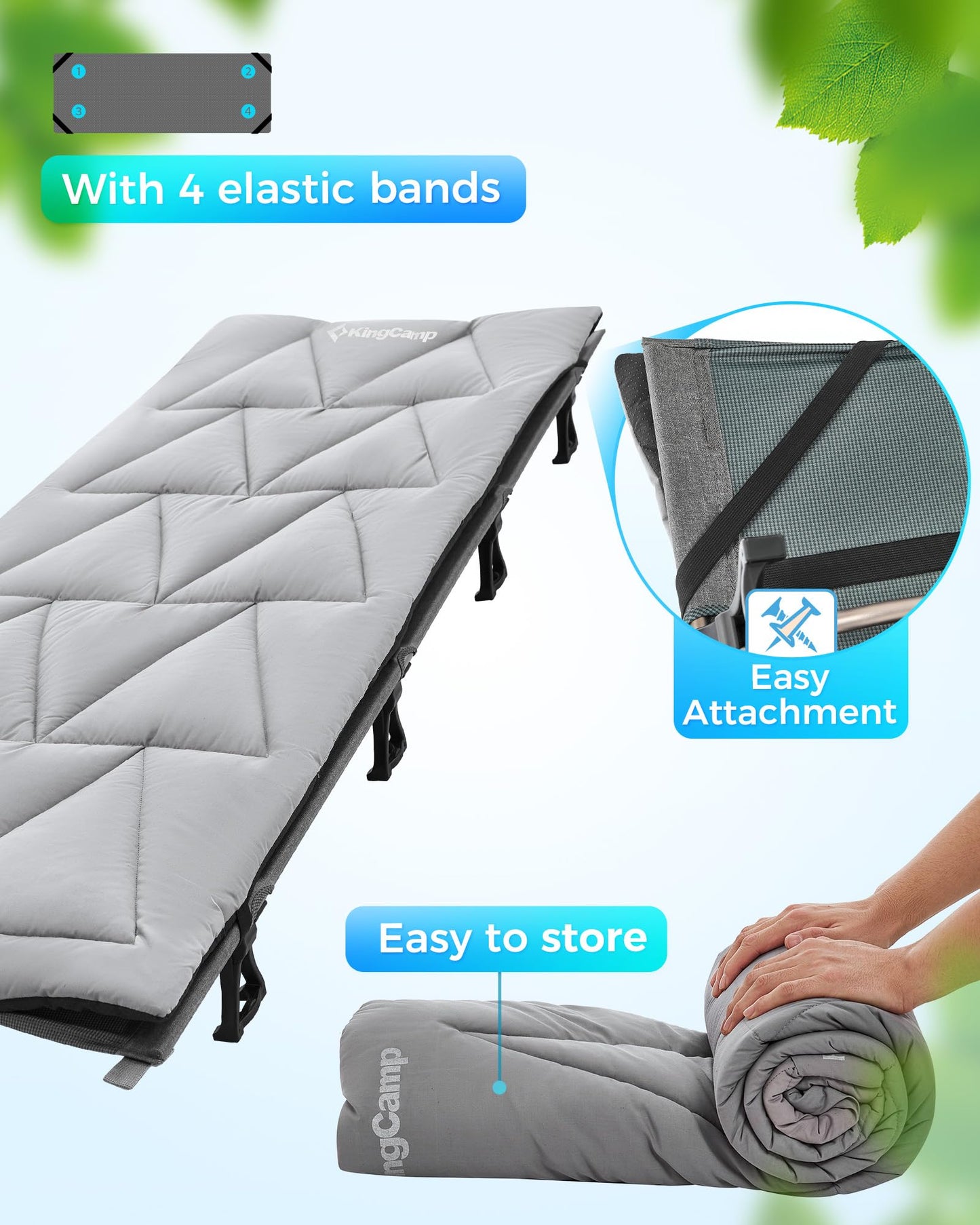 KingCamp Cot Pad for Camping, Comfortable Lightweight Mat, Puffy Soft Warm Non-Slip Cot Mattress Topper for Outdoor, Backpacking, 75"* 25", Grey