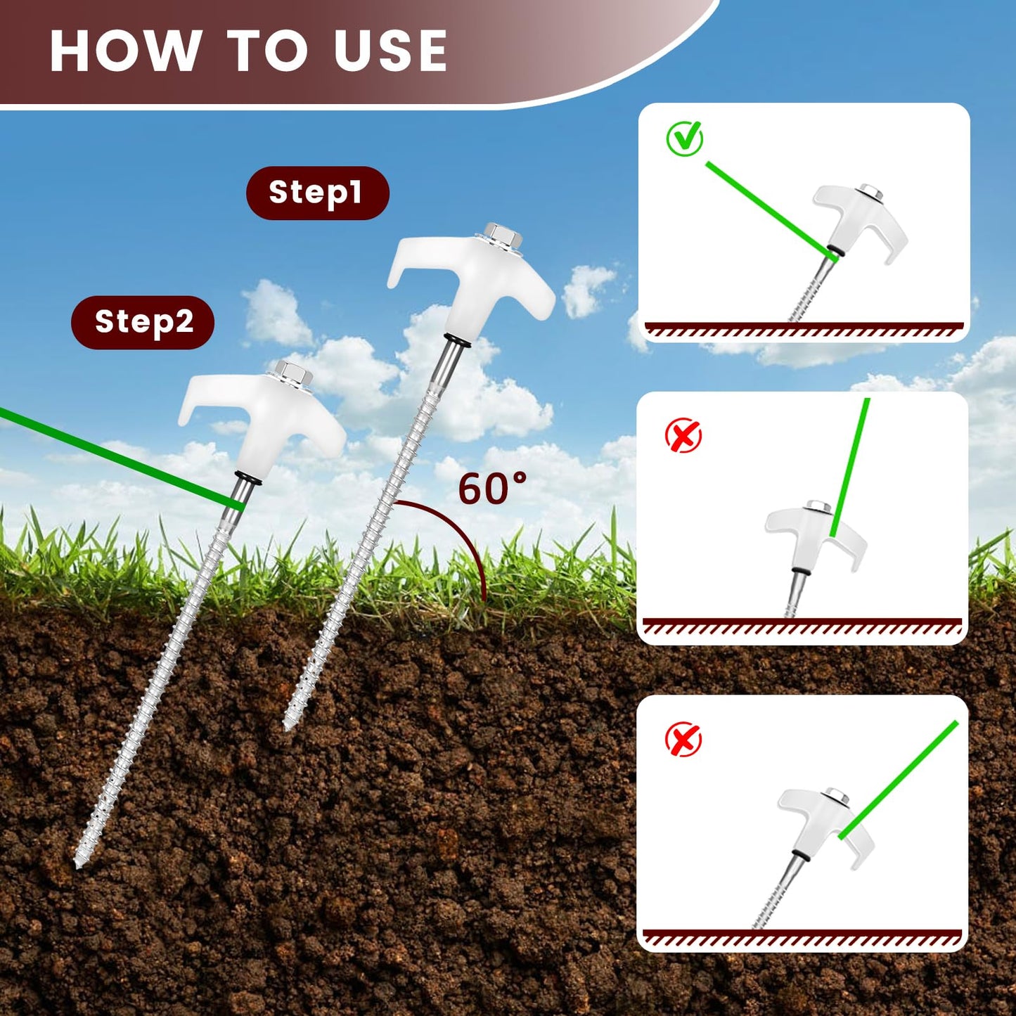 12 Pack Tent Stakes, 8" Ground Anchors Screw Drill in Heavy Duty Ground Pegs Camping Stakes Tent Pegs with Hex Head Driver, Spikes Puller, 4x10ft Rope and Storage Box