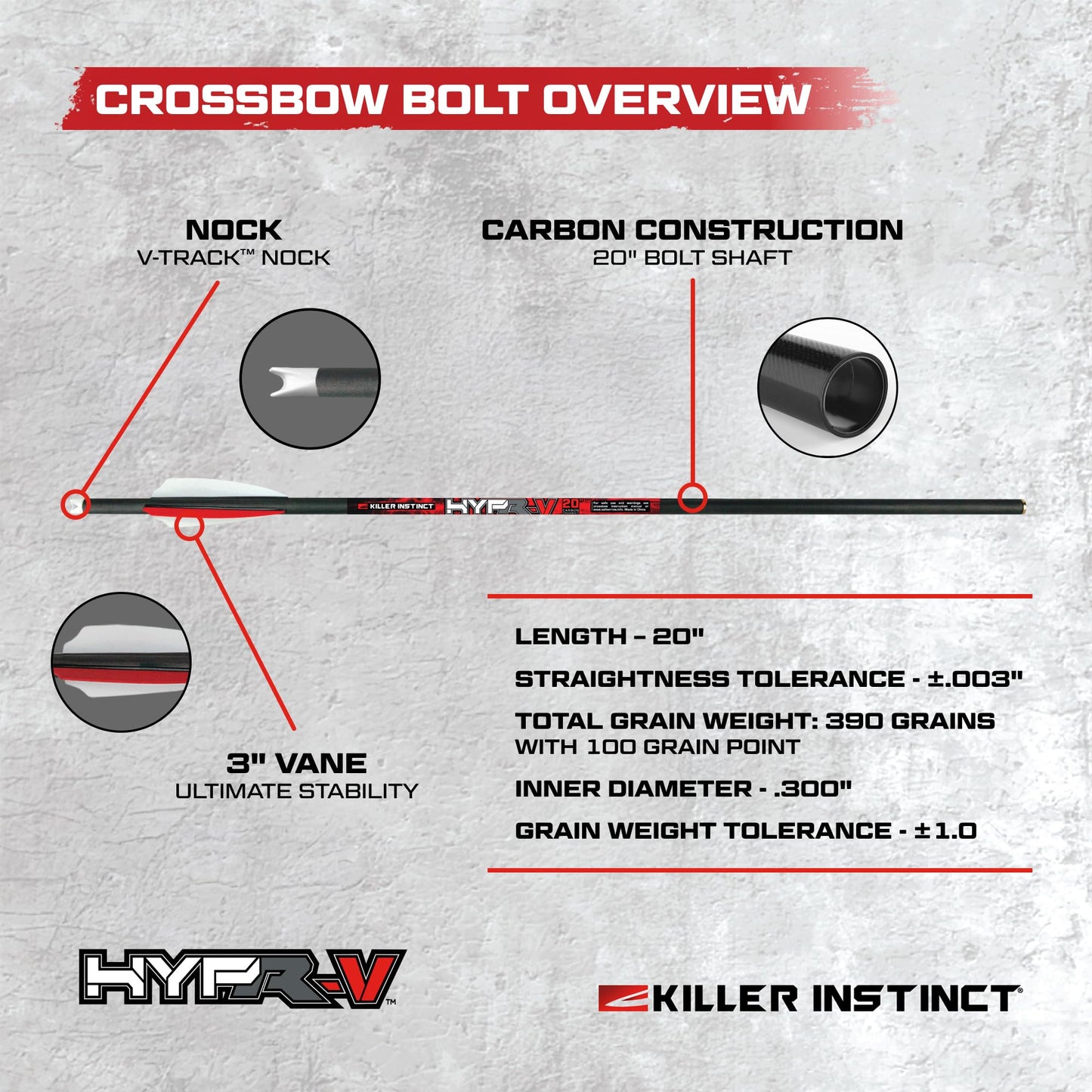 Killer Instinct Hypr-V 20" Crossbow Bolts 6-Pack - V-Track Nock System 390 Grain Total Weight with .003" Straightness Tolerance