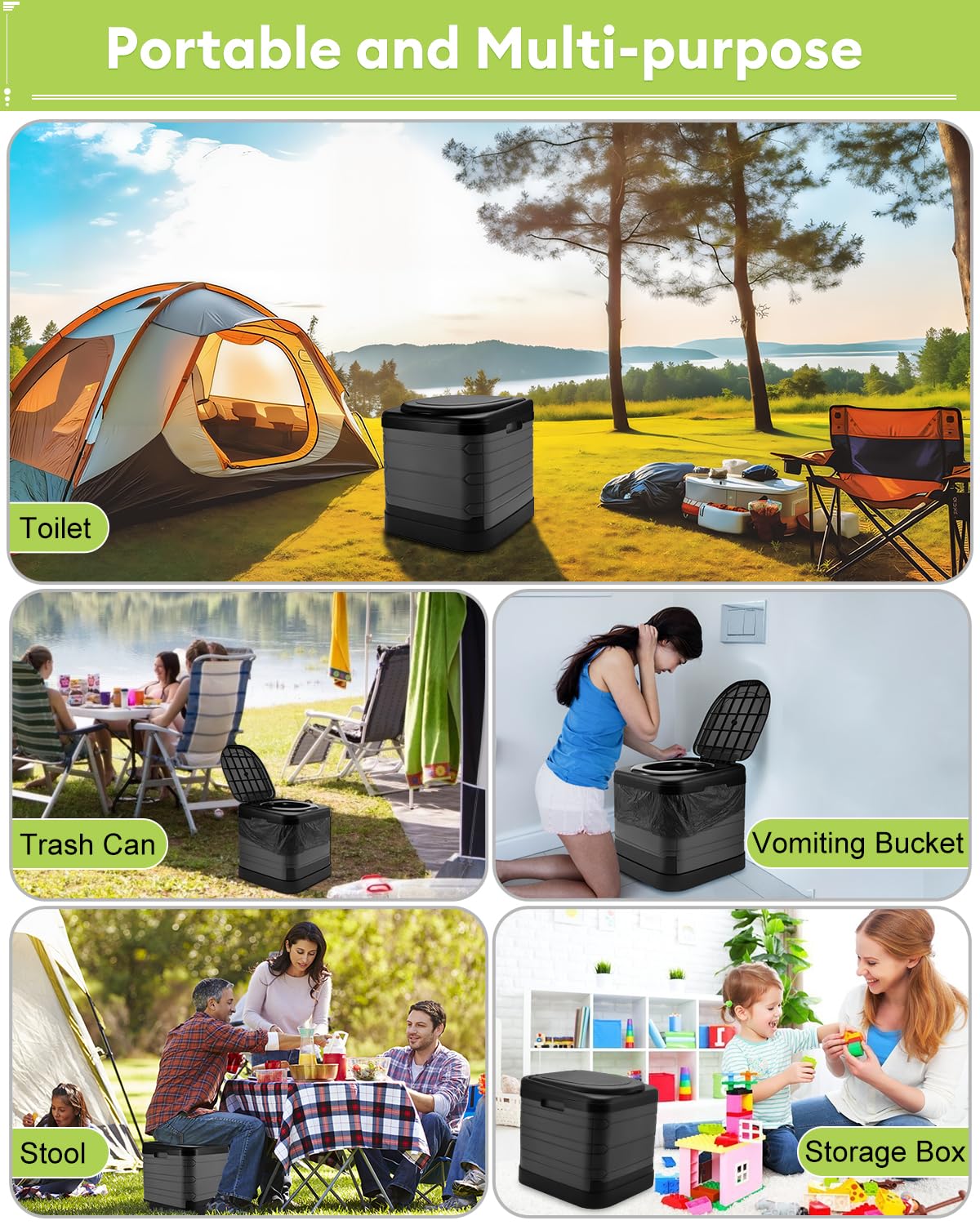 16.5in Hutigertech XXXL Portable Toilet,Upgraded Collapsible Travel Toilet with toilet bags & Absorbent Gel Powder for Camping, Hiking, Car, Outdoor, Boat, Beach and RV Travel