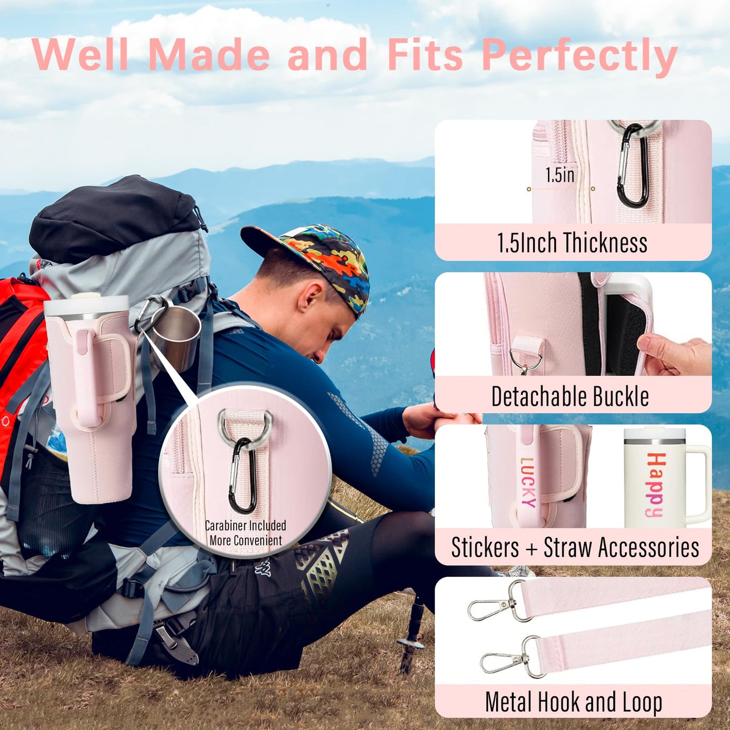 Adoryoung Cup Carrier Holder Bag with Stanley Strap, Metal Hook Loop, Stickers Cup Cover Tumbler Accessories for 40 oz Stanley, Water Bottle Pouch Holder Sling Crossbody Bag with Strap Walking (Pink)