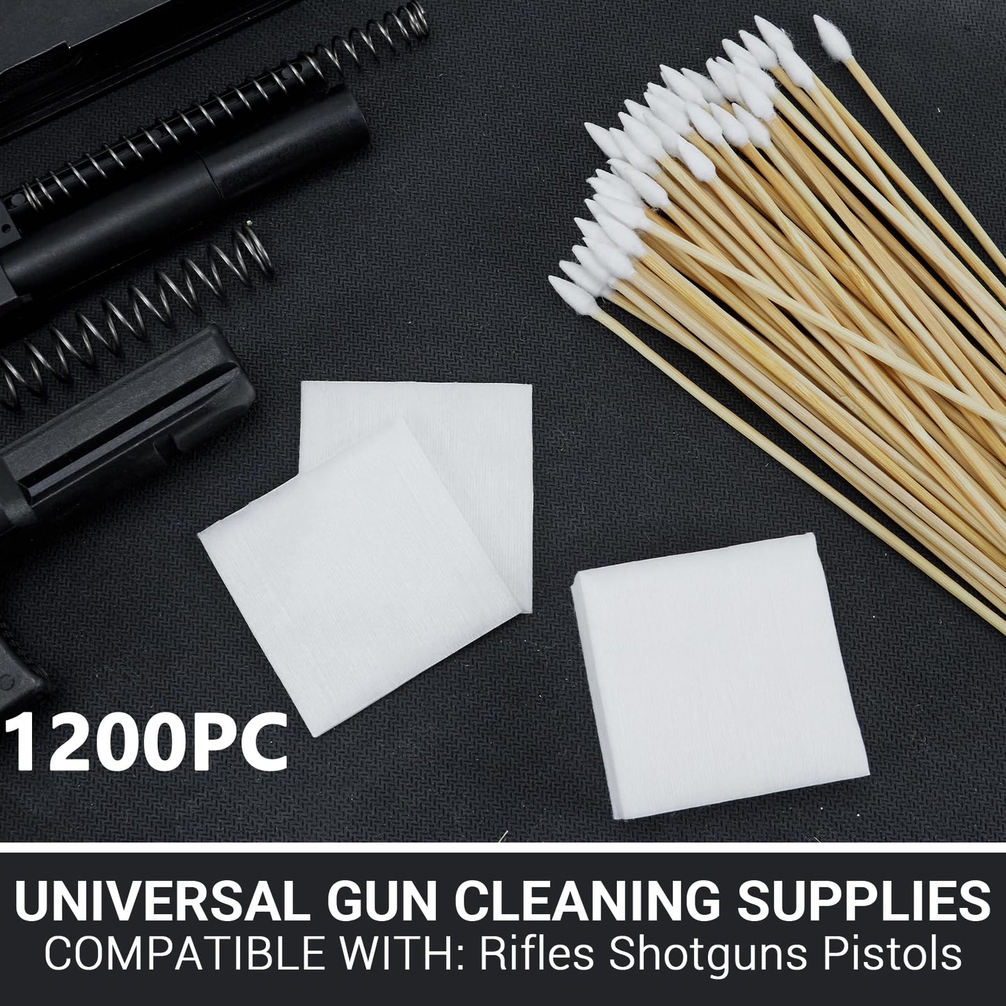 1200pc Gun Cleaning Supplies - 600PCS Patches and 600PCS Swabs, 6-inch Pointed Gun Swabs, 2" Lint Free Patches - Fit Most Calibers Cleaning Kit Supplies