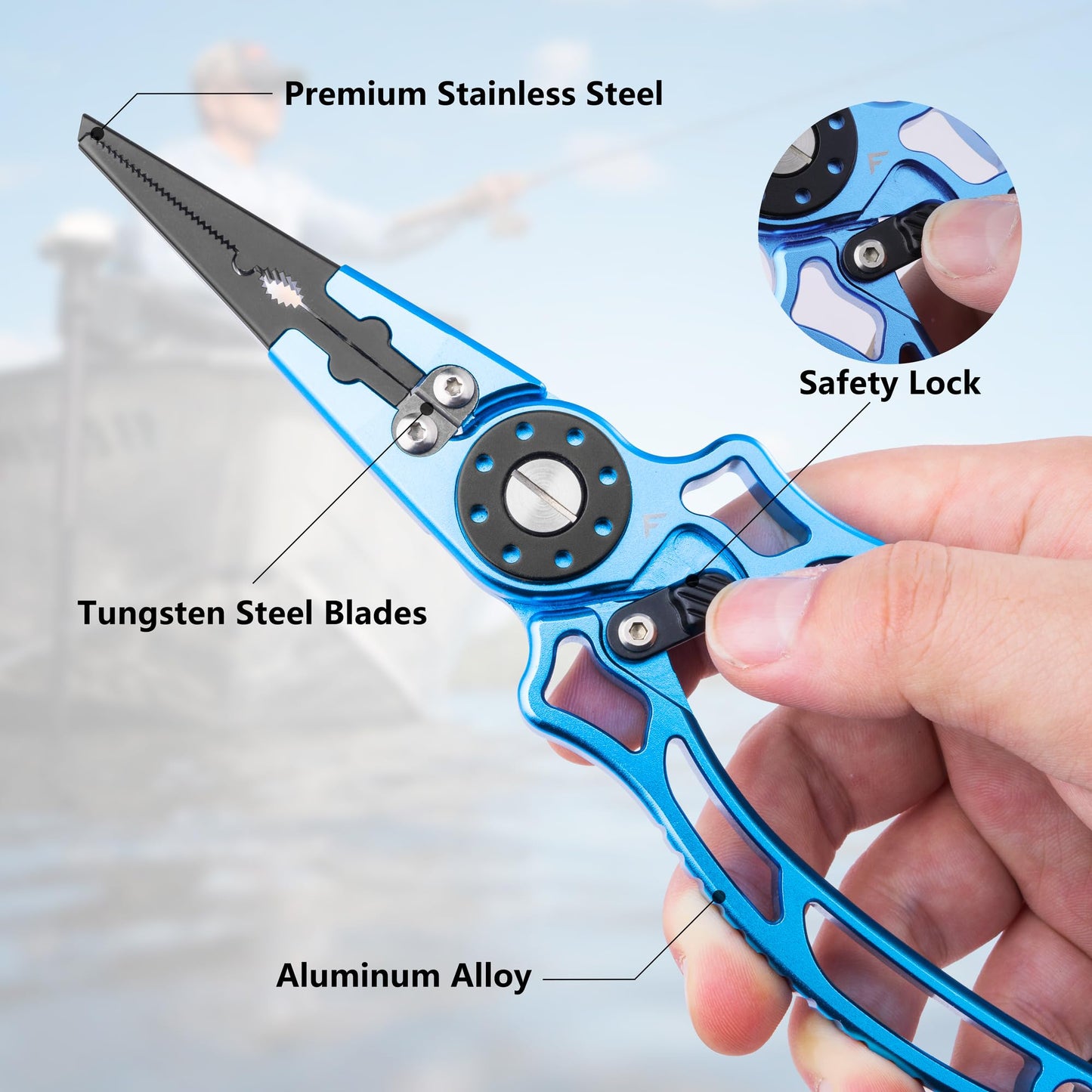 FLISSA 8 Inch Fishing Pliers, Safety Lock Design Fish Pliers Saltwater, Corrosion Resistant Aluminum hook remover with Braid Cutters, Sheath and Lanyard, Fishing Tool Gifts for Men