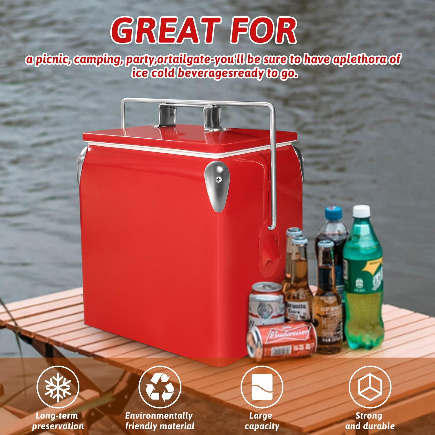 Kickleen Retro Ice Chest Cooler with Bottle Opener 13L (14Qt), Stainless Steel Vintage Style Ice Bucket for Camping, Party, Beach, Picnic, RV, BBQ, Tailgating, Fishing (Red)