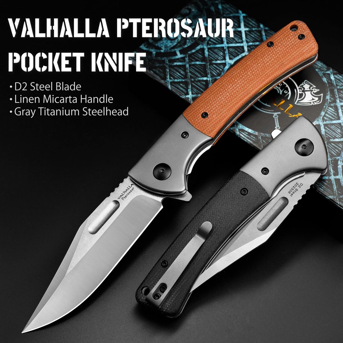 VALHALLA PTEROSAUR Pocket Knife, 3.9'' D2 Steel Folding Knife with Micarta Handle, Pocket Knife for Men, Cool Knives, Hunting Knife, Gifts for Men (BLACK)