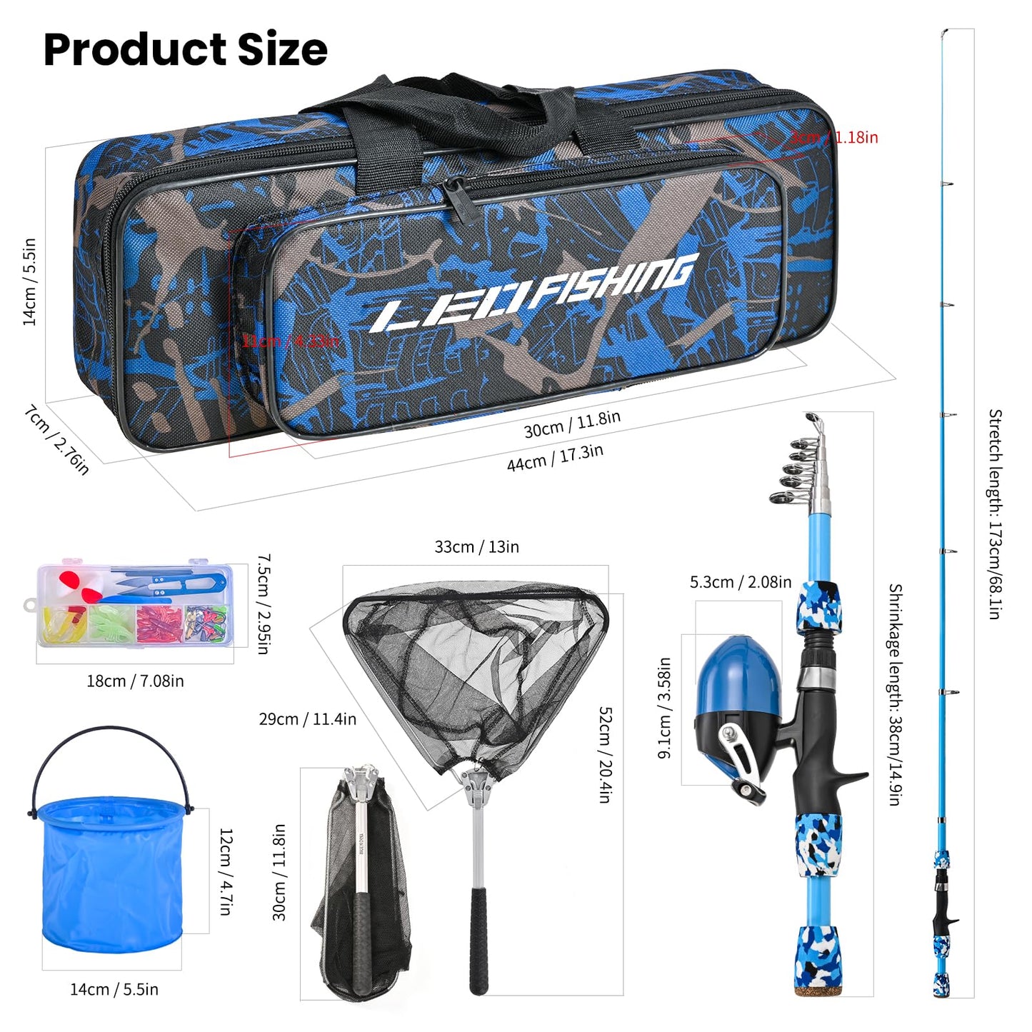 LEOFISHING 2 Set Kids Fishing Pole Set with Full Starter Kits Portable Telescopic Fishing Rod and Reel Cambos with All The Necessary Fishing Kits for Boys Girls and Youth (2set (Blue +Orange))