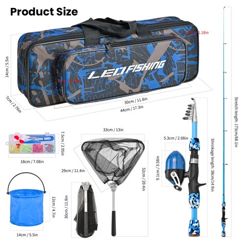 LEOFISHING 2 Set Kids Fishing Pole Set with Full Starter Kits Portable Telescopic Fishing Rod and Reel Cambos with All The Necessary Fishing Kits for Boys Girls and Youth (2set (Blue +Orange))