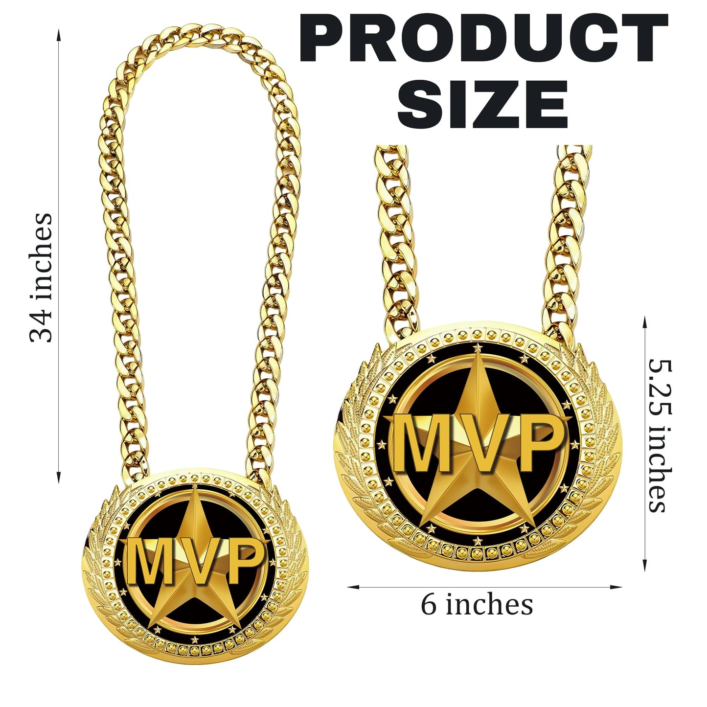 Gold MVP Award Medals Necklace - 6" Big Sports Achievements Champ Medal with Turnover Chain for Most Valuable Player,Champion Chain for Sports Competitions Celebration, Prize Gifts Party Favors