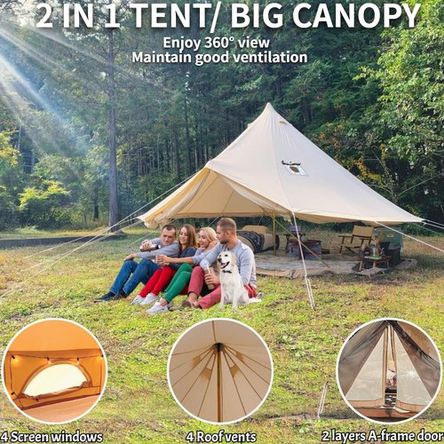 DANCHEL OUTDOOR 4 Season Canvas Bell Tent with Waterproof Rain Fly Footprint Tarp for 8 Person Yurts All Year Living,6m/20ft