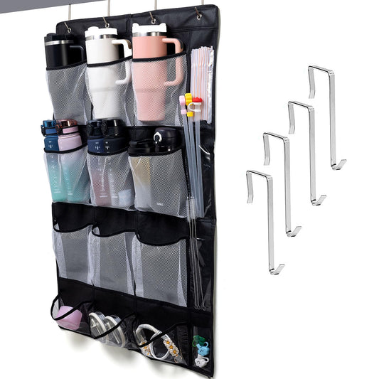 JUQINME Water Bottle Organizer for Stanley Cup, 9 Large Capacity Pockets Water Bottle Holder for Stanley 40oz Tumbler Hanging Bag Over the Door for Stanley Cup Accessories Lids Kitchen Cabinet Pantry