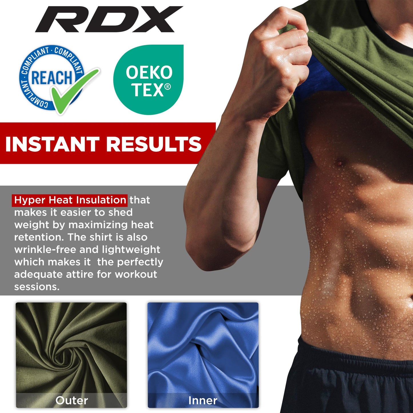 RDX Men's Sauna Shirt Heat Trapping Sweat Suit - Reach Oeko TEX 100 Certified T-Shirt - Gym Workout Fitness Tank Top Trimmer Army Green