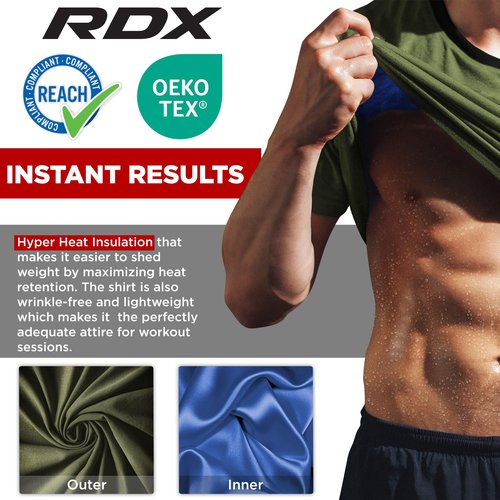 RDX Men's Sauna Shirt Heat Trapping Sweat Suit - Reach Oeko TEX 100 Certified T-Shirt - Gym Workout Fitness Tank Top Trimmer Army Green