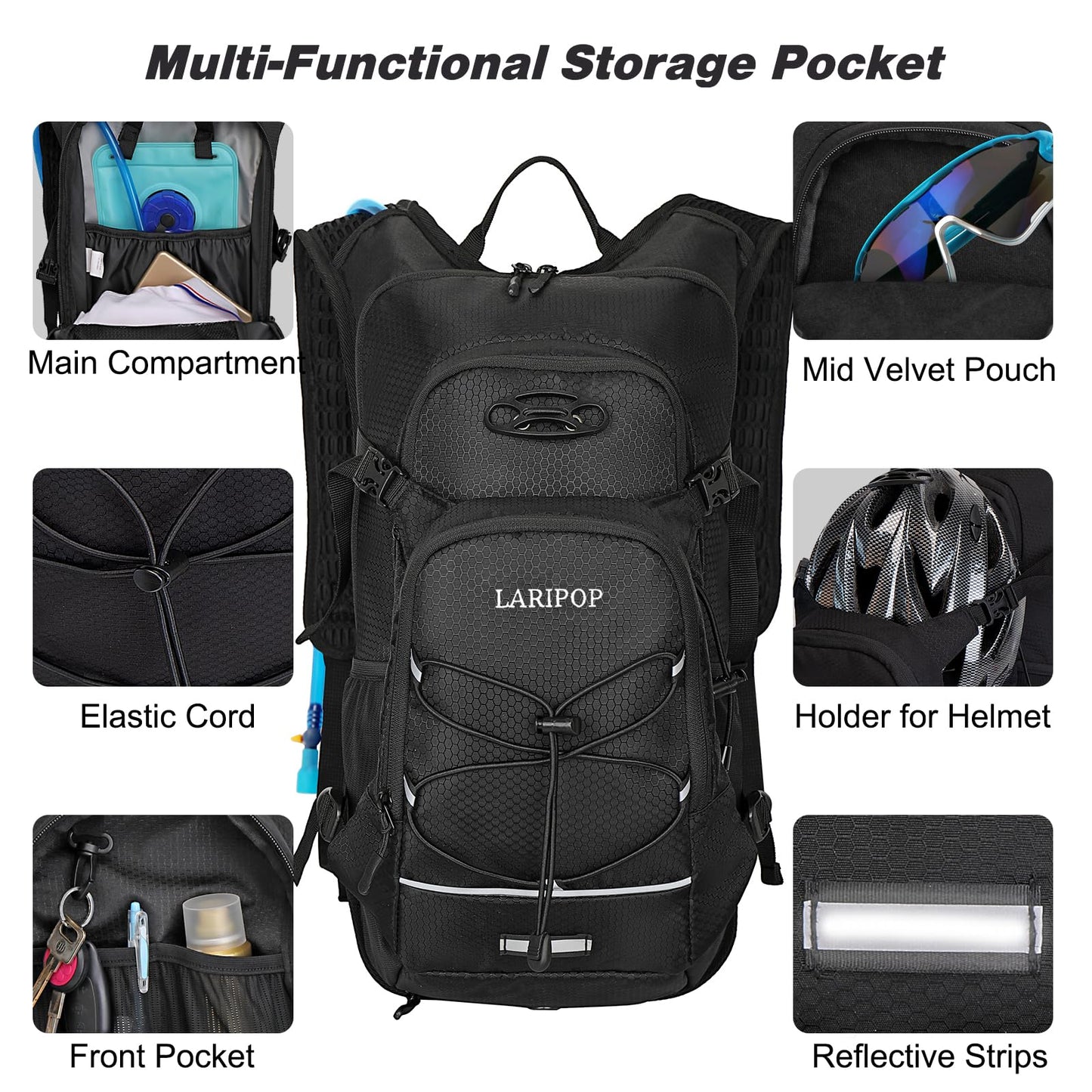 LARIPOP Hydration Backpack 18L with Water Bladder 2L Hiking Water Backpack Women Men Lightweight Hydration Pack Breathable Reflective Daypack with Storage for Cycling, Hiking, Biking, Running