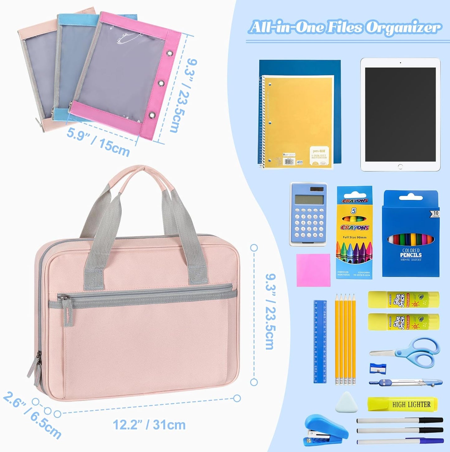 Yarwo Zipper Binder with 3 Pencil Pouches, Small File Organizer with Multiple Pockets & Padded Sleeve Fits 12.9” iPad and Stationery for School, Office, Work, Pink