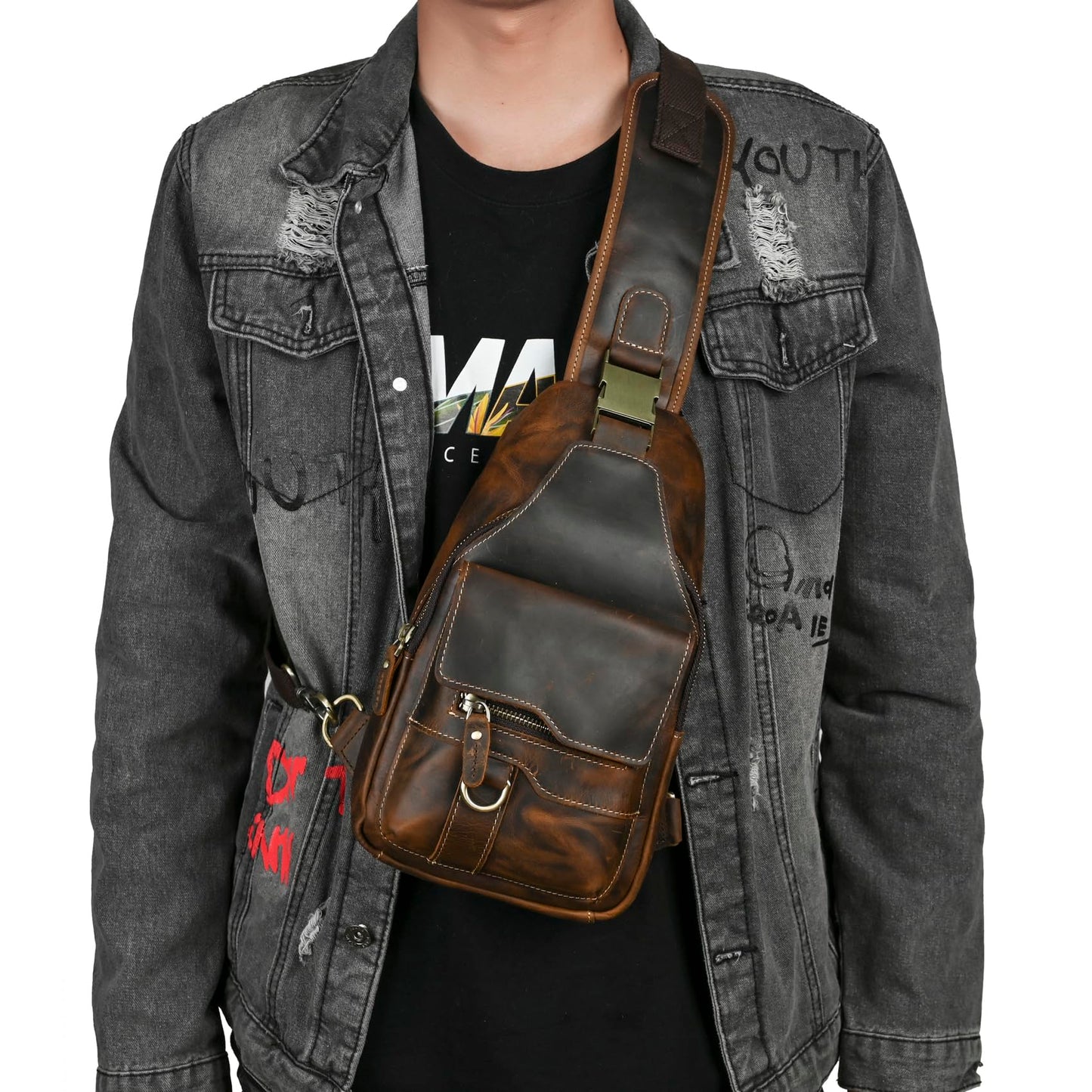 Handadsume Water Resistant Canvas + Leather Hiking Travel DayPack Sling Crossbody Triangle Chest Pack Bag For Men Women FB8013 (100% Genuine Leather-8015 Brown)