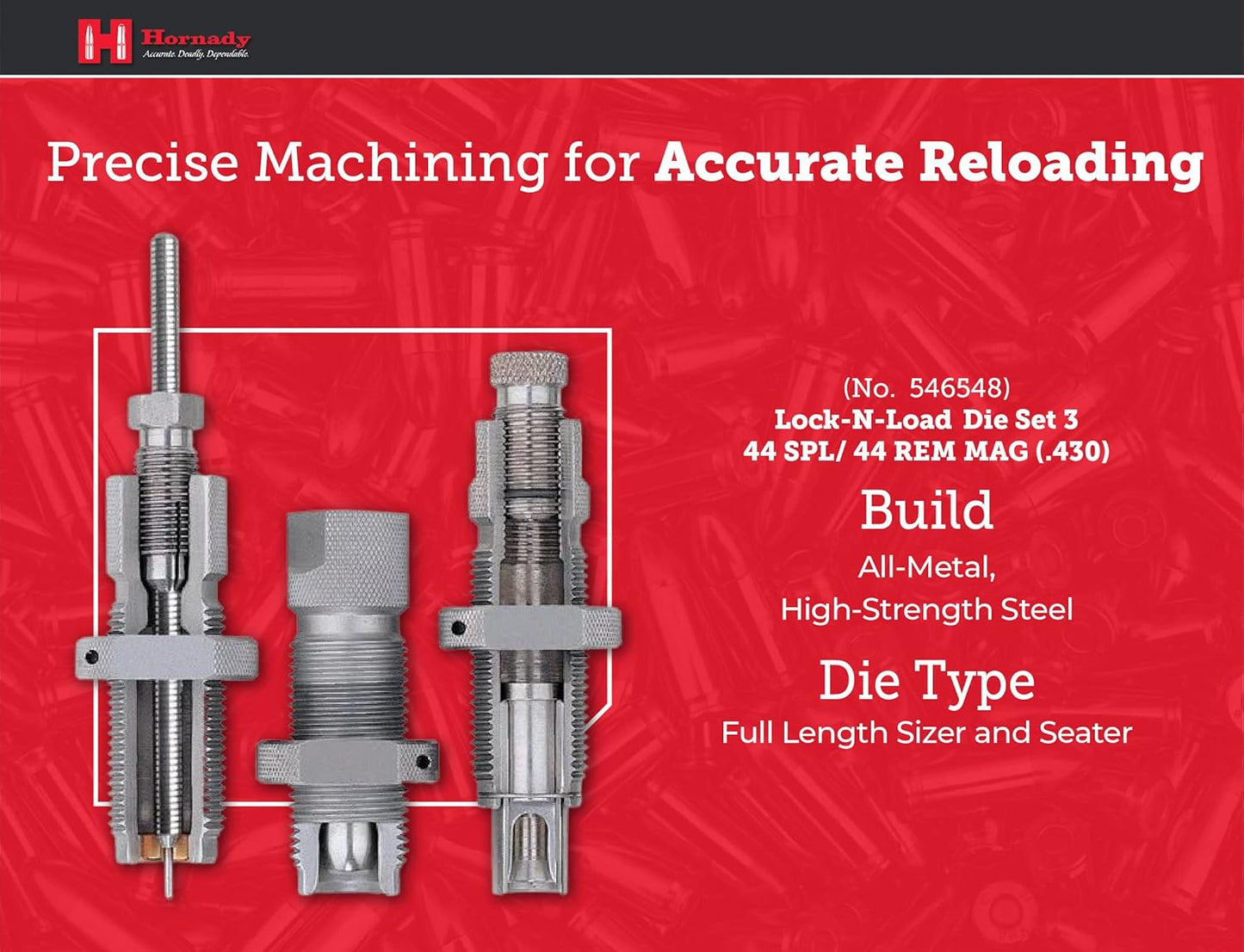 Hornady Custom Grade New Dimension 3-Die Set - Caliber Specific Reloading Equipment for Handloaders with Full Length Sizer Die, Seating Die, Sure-Loc Rings, & Storage Box