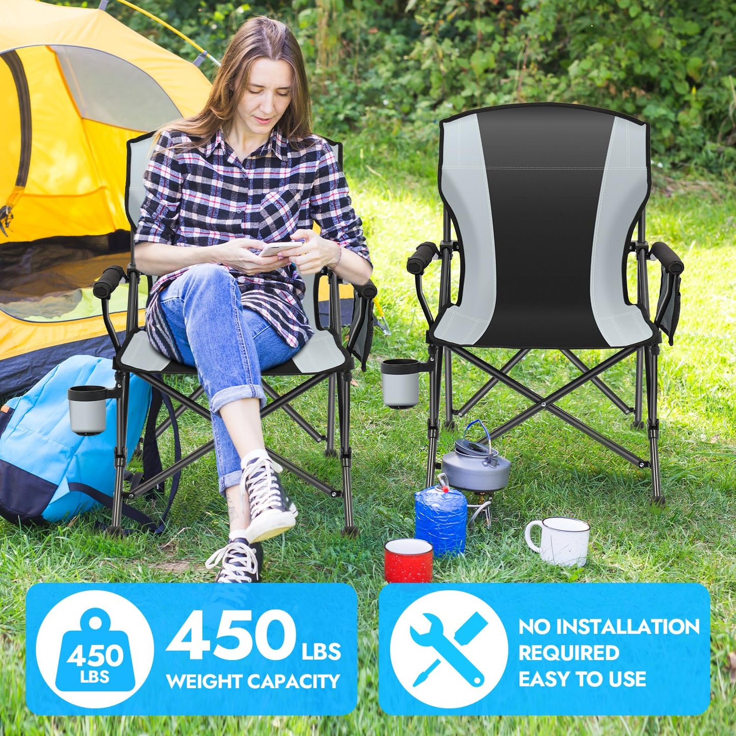2 Pack Oversized Folding Camping Chair for Adults, Supports 450 LBS Camping Chairs, Heavy Duty Camping Chair with Side Pockets, Foldable Outdoor Chair for Camping, Beach, Fishing, Hiking, Black-Gray