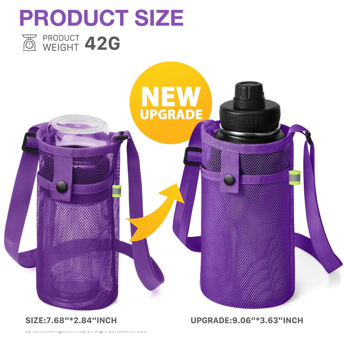 Large Water Bottle Bag with Strap, Big Mesh Water Bottle Holder Crossbody Water Sling Bag Shoulder Strap and Pocket - Lightweight Water Bottle Carrier for Walking Sports Hiking Camping (Purple)