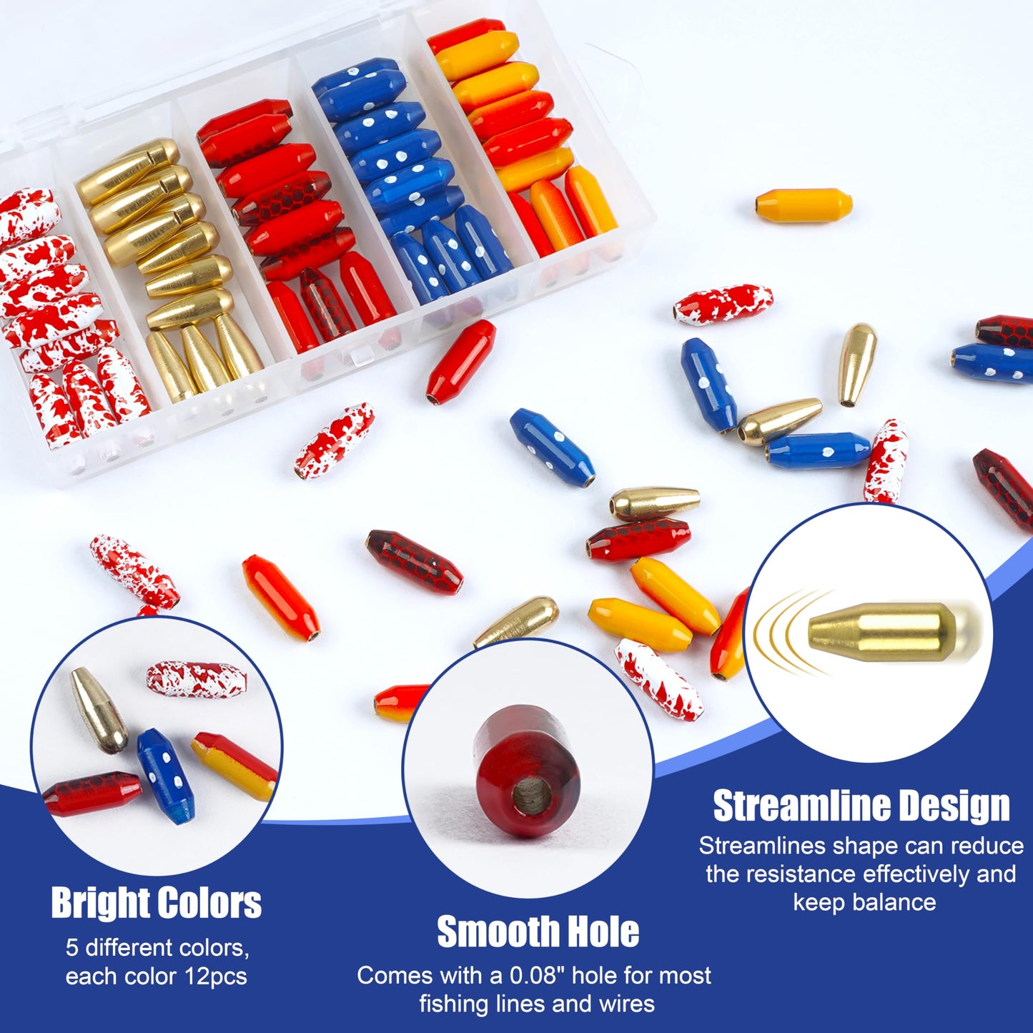 Fishing Lure Bodies Kit, 60PCS Sinker Weights Brass Painted Spinner Body Beads Bullet Slip Sinker DIY Inline Bait Making Supplies Parts