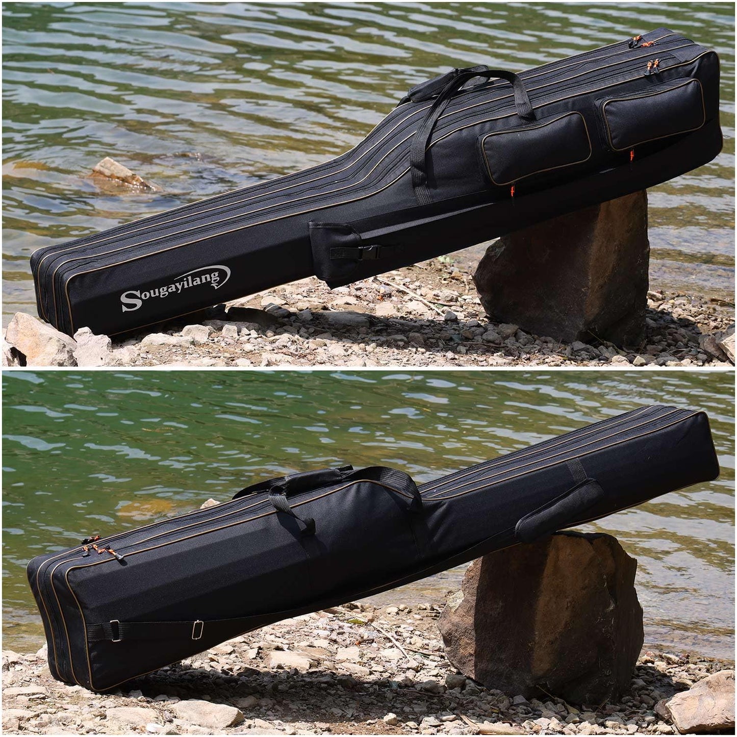 Sougayilang Fishing Rod Case, 3 Layers Organizer Fishing Pole Storage Bag Fishing Rod and Reel Carrier Organizer for Travel-165cm/65in-Black