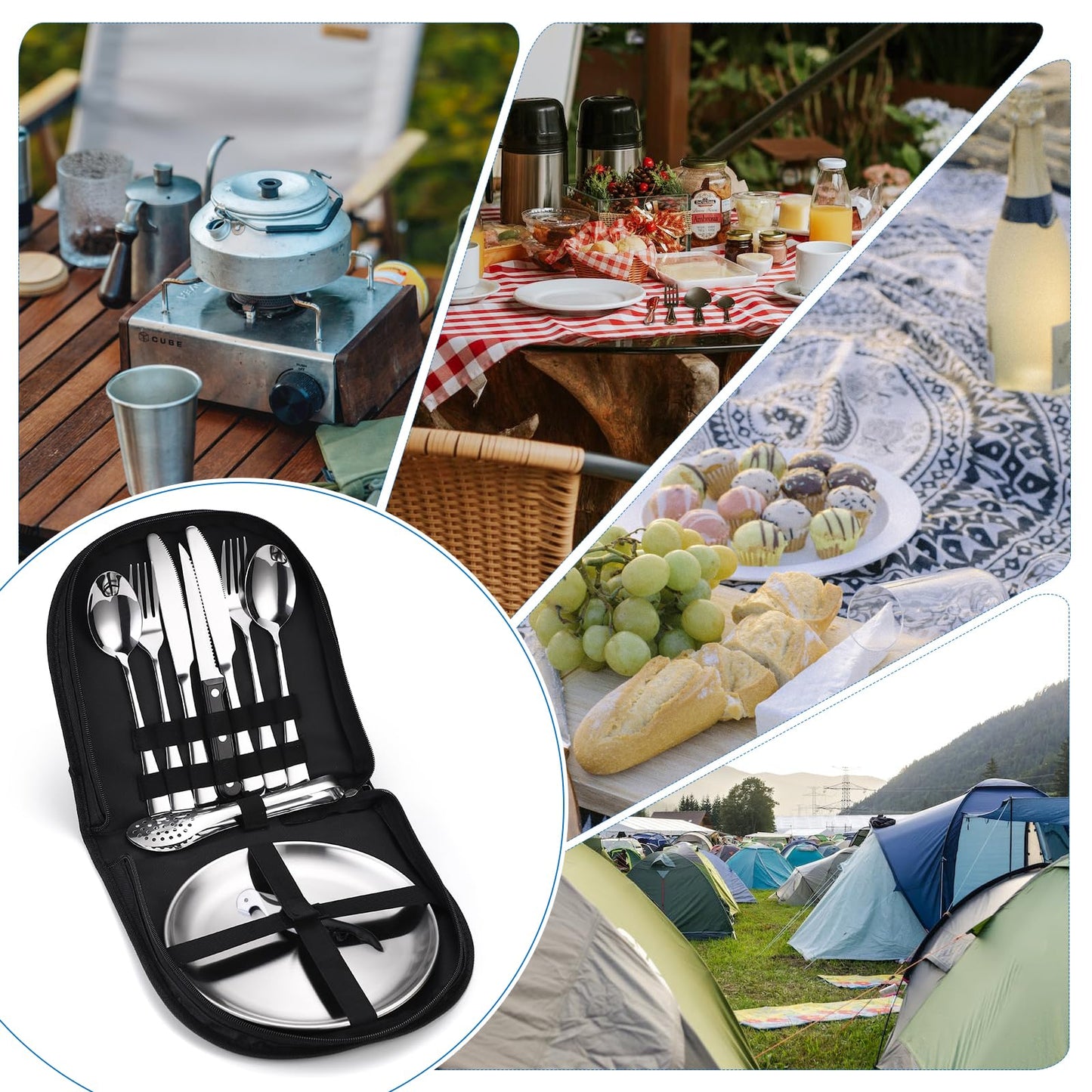 Camping Silverware Kit Cutlery Organizer Utensil Picnic Set - 13 Piece Mess Kit for 2 - Stainless Steel Plate Spoon Clip and Serrated Knife Wine Opener Fork Napkin Hiking - Camp Kitchen BBQ’s