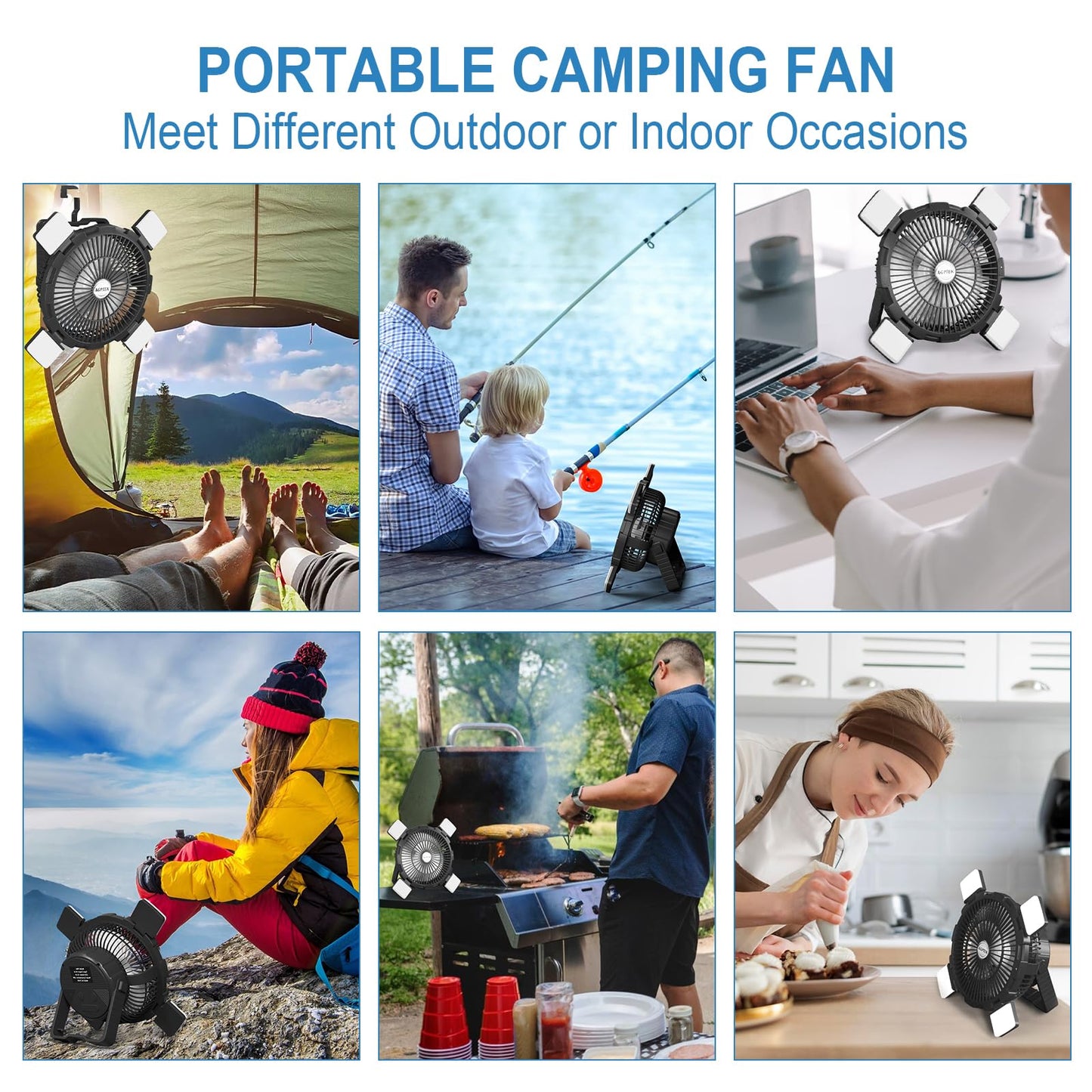 AGPTEK Portable Outdoor Fan - 8000mAh Rechargeable Battery with LED Light Lantern & Hook, Ideal for Picnics, BBQ, Fishing, Travel & Camping