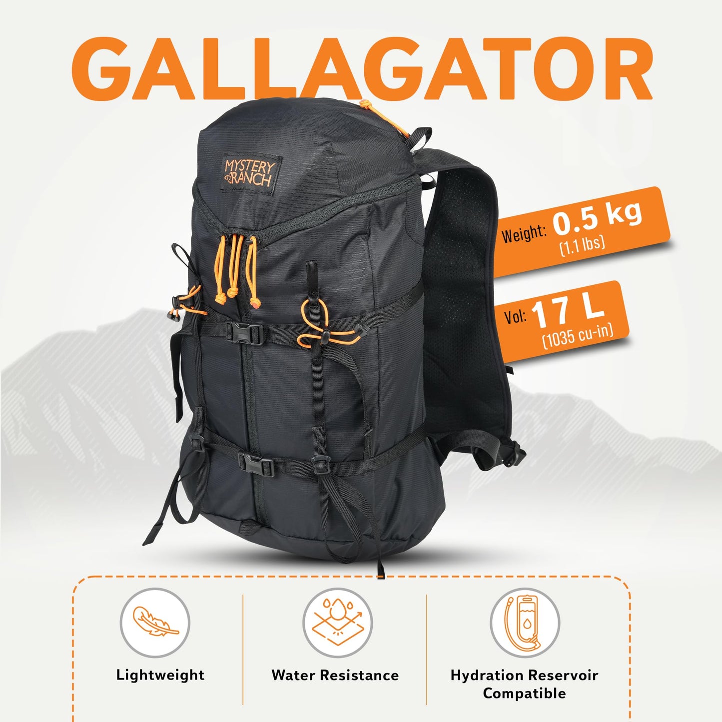 Mystery Ranch Gallagator 20 Backpack – Weather Resistant Travel Bag with Sternum Strap – Black, 20L, L/XL