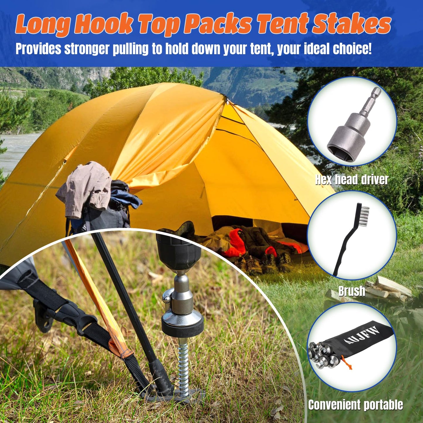 10 Pcs 6.2" Hex Pegs Stakes Drillable Tent Stakes, Drillable Threaded Long Hook Top Packs Tent Stakes for Grassland Garden Tents Canopies Awnings Camping Travel (Hex Tool and Storage Bag)