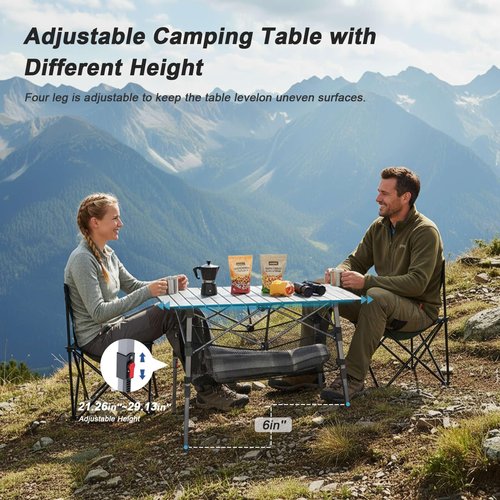 Portable Camping Table with Adjustable Height Legs, Lightweight Aluminum Roll-up beach tables for sand foldable,Folding Picnic Table Large Storage Basket for Outdoor camping (Black, Medium 37")