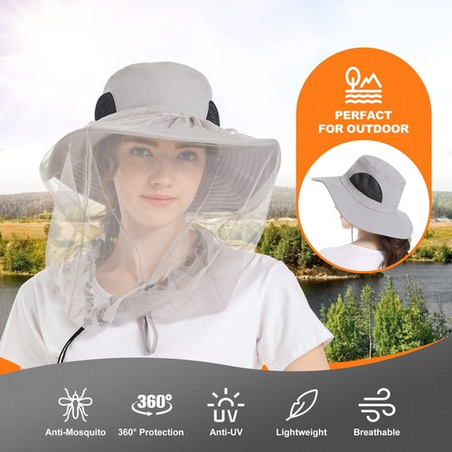 Mosquito Net Hat - Safari Sun Visor Hat with Removable Bug Net for Outdoor Men and Women Light Grey