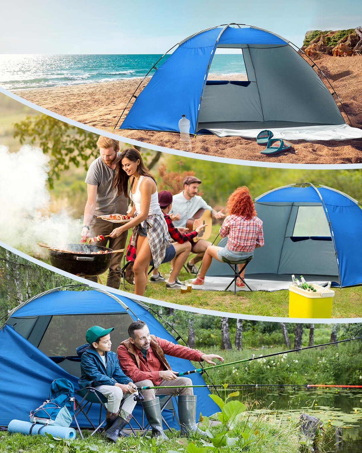 Beach Tent for 2-4 Persons, Beach Tent Sun Shelter UPF50+ UV Protection, Sun Shade Witch Huge Breathable Mesh Window, Easy Set up, for Beach, Camping, Fishing