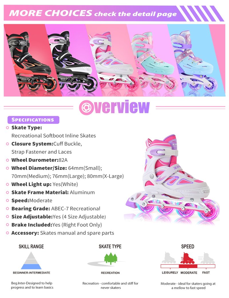 2PM SPORTS Vinal Inline Skates for Girls Boys Kids Ages 5-8 8-12 with Adjustable Illuminating Wheels, Inline Roller Skates for Youth Women Men - White Pink Medium