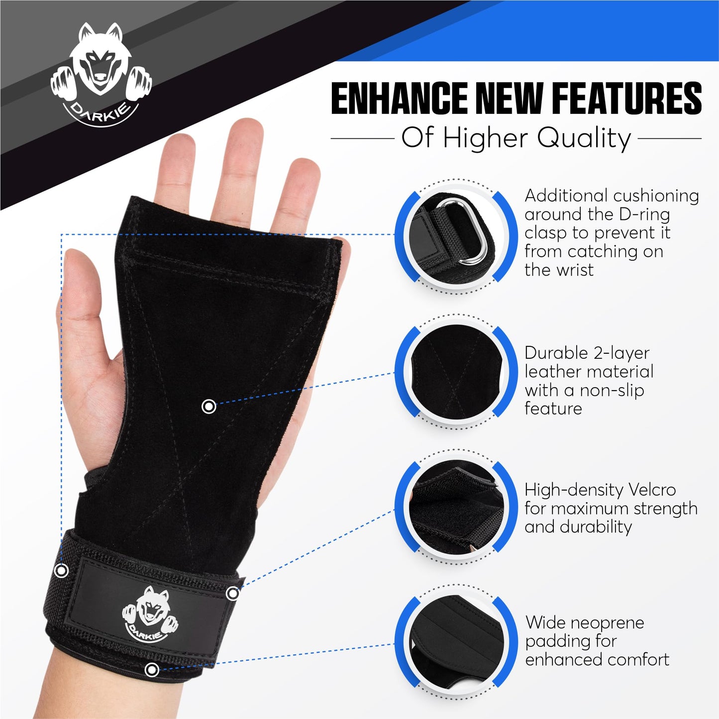 DARKIE Weight Lifting Wrist Strap - Lifting Straps for Weightlifting - Double Layer Leather Weightlifting Wrist Strap for Deadlift and Powerlifting - Adjustable Neoprene Padded Gym Workout Lifting Wrist Hooks for Men/Women(Pair)