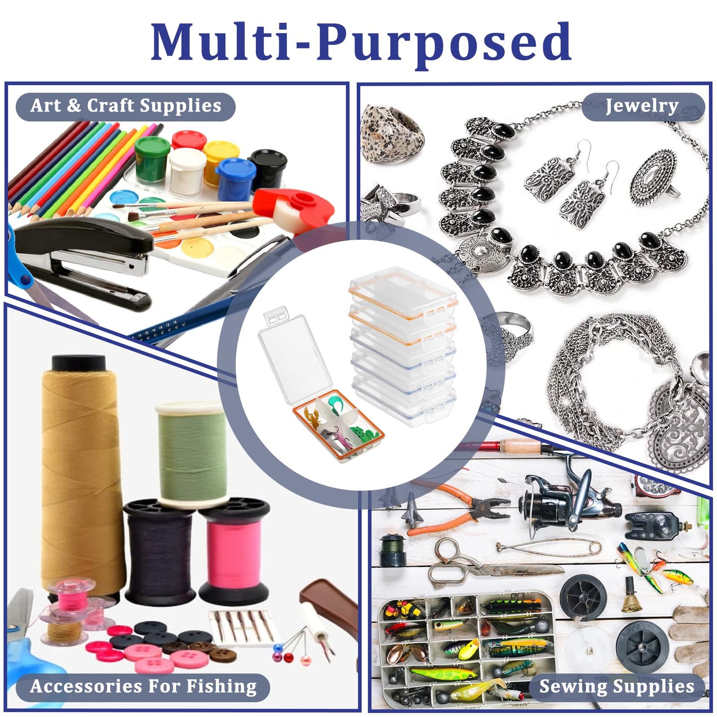 JUXYES Pack of 6 Plastic Small Fishing Tackle Box Organizer with 4 Compartments, Clear Mini Fishing Tackle Storage Boxes with Dividers, Transparent Fish Pocket Tackle Storage Box Lure Box