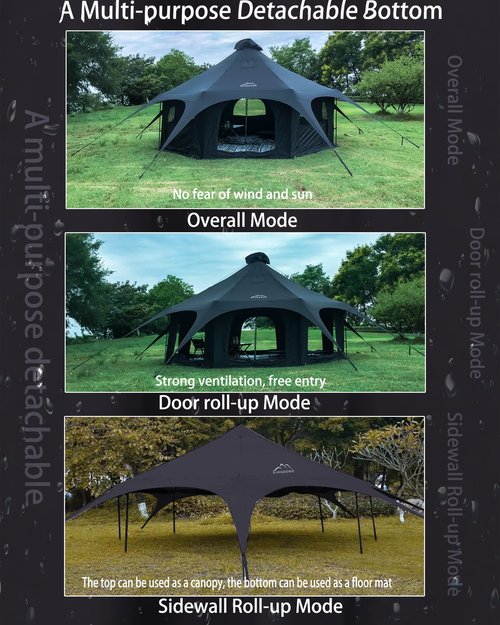 UKGlamping 5M Cotton Canvas Bell Tent - Yurts with Stove Jack, Easy to Set Up,Windproof, Breathable Shade, Family Camping Travel, Group Activities, 4 Season Polyester Cotton Black Tent