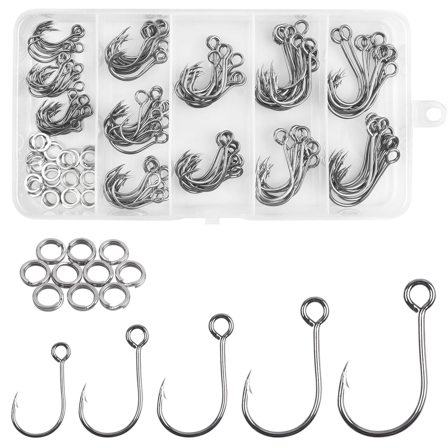 150pcs Inline Single Hooks Kit Fishing Replacement Hooks for Lure Plugs Baits Large Eye Inline Circle Hook with Split Rings Freshwater Saltwater Fishing Tackle