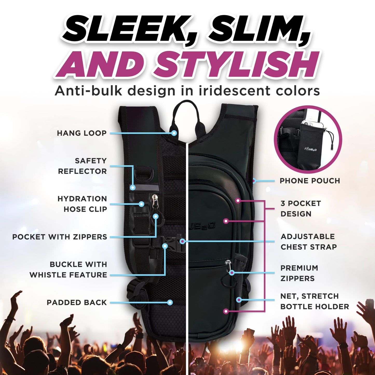 Rave2o Rave Hydration Backpack β Anti-Theft Festival Hydration Pack with 1.5L Leakproof TPU Bladder β Slim, Insulated Water Pack Secret Pockets & Breathable β Raves, Music Festivals, EDC - Prism Black