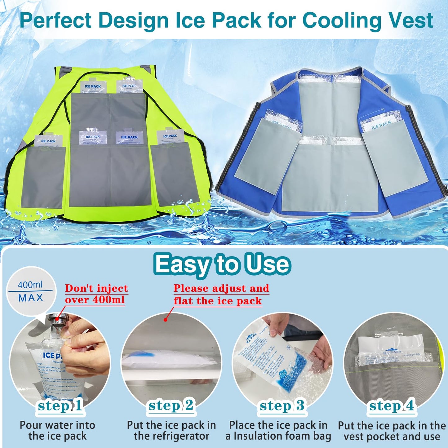 12Pcs Gel Ice Packs for Cooling Vest - Cold Packs for Ice Cooling Safety Vest, Reusable Ice Packs for Injuries Food Preservation