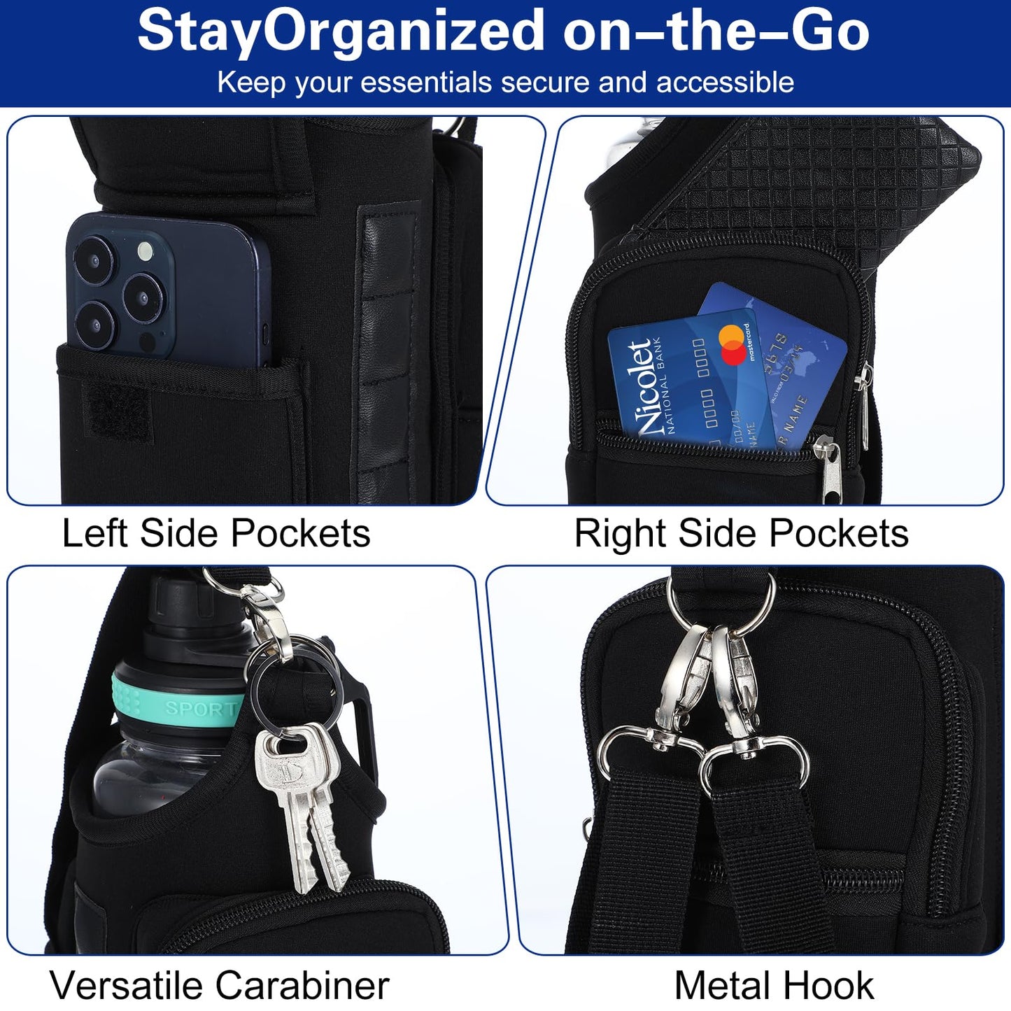 JOUTYFOR Gym Magnetic Bag Water Bottle Holder Gym Bottle Carrier Bag with Phone Pockets & Handle Shoulder Strap Gym Accessories Organizer for Men Women,5 Built-in Magnets Gym Bag Pouch Sleeve