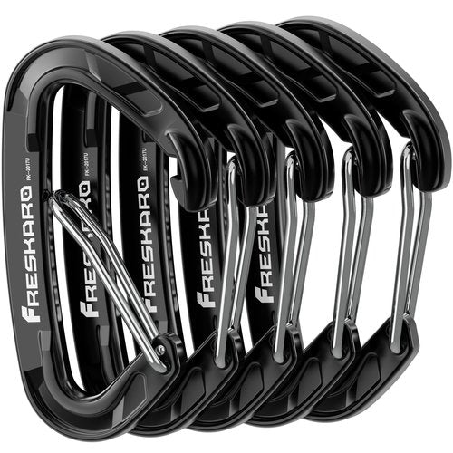 FresKaro 3pcs 25KN Climbing Carabiners with 5pcs Small Size Wiregate Carabiners for Keychain, Backpack, Hiking, Camping etc., Black Color