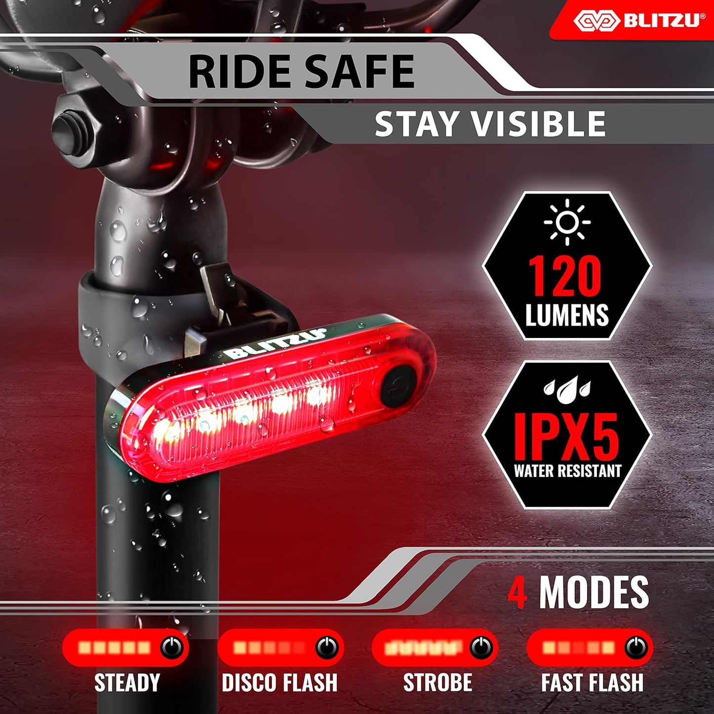 BLITZU USB-C Rechargeable Bike Tail Light 2 Pack, Bright Bicycle Rear Cycling Safety Flashlight Accessories for Night Riding, Cyborg 120T, 4 Light Modes for Adults Kids Men Women Road Mountain