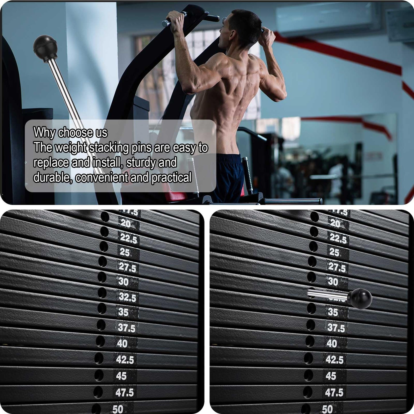 2pcs Weight Stack Pins, Round Lifting Cable Pin Tensile 3/8 Inch Locking Space, Plate Performance Selector Bench Pin, Universal Weight Pin for Home Gym Drop Set Exercise Machine Part Accessories