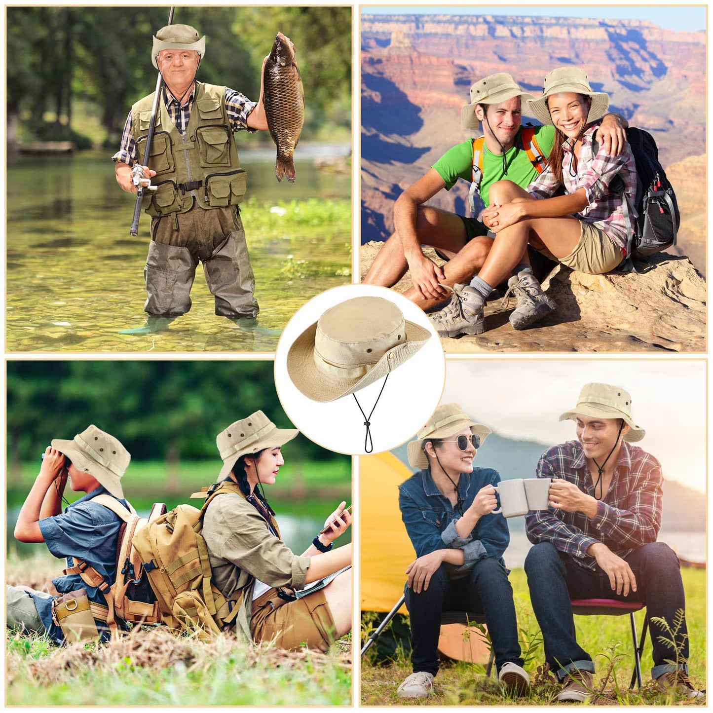 Xtinmee 10 Pieces Bucket Hat Bulk Wide Brim Boonie Hiking Fishing Safari Hat with Chin Strap for Women Men Adult Summer(Khaki)