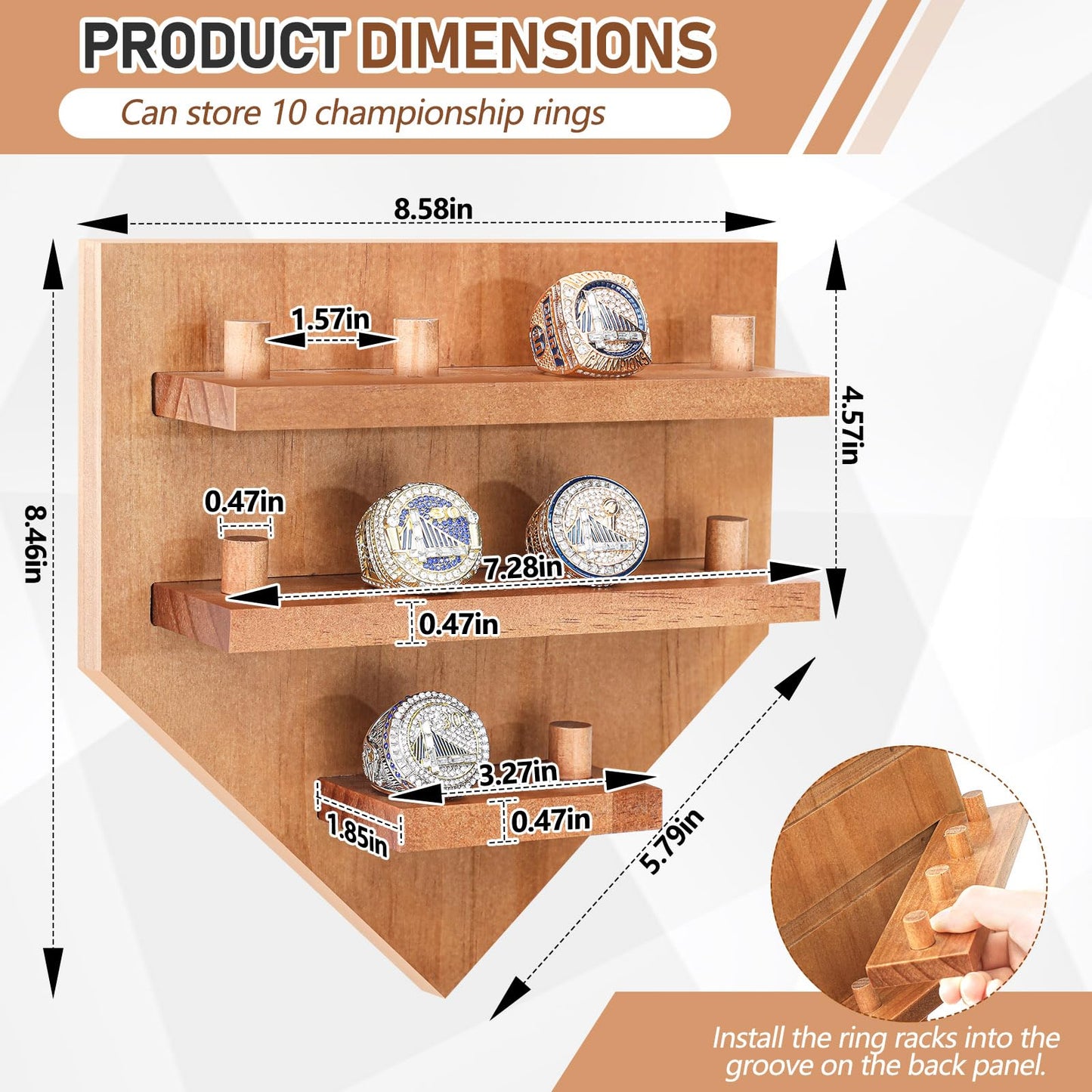 Foilswirl Championship Ring Display Case - 10 Posts Sports Holder Stand 8.6 x 8.5 In Wall Mount Storage Organizer - Gift for Baseball Basketball Football Softball Men Award