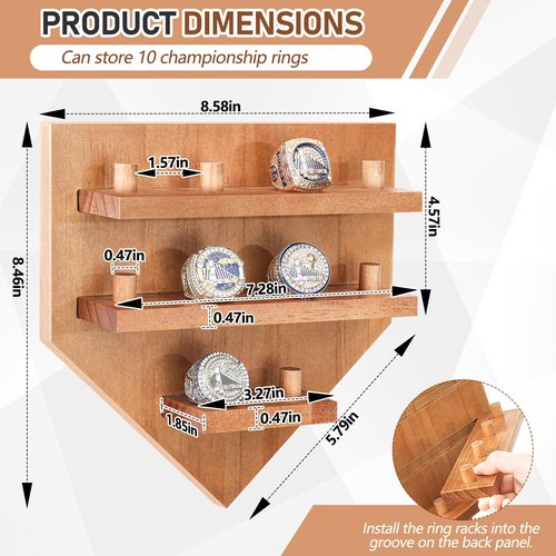 Foilswirl Championship Ring Display Case - 10 Posts Sports Holder Stand 8.6 x 8.5 In Wall Mount Storage Organizer - Gift for Baseball Basketball Football Softball Men Award